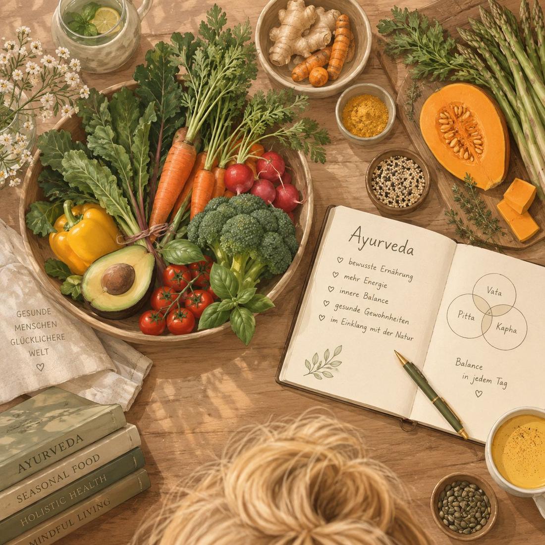Ayurvedische Lebensmittel, Gewürze und ein Notizbuch mit den drei Doshas